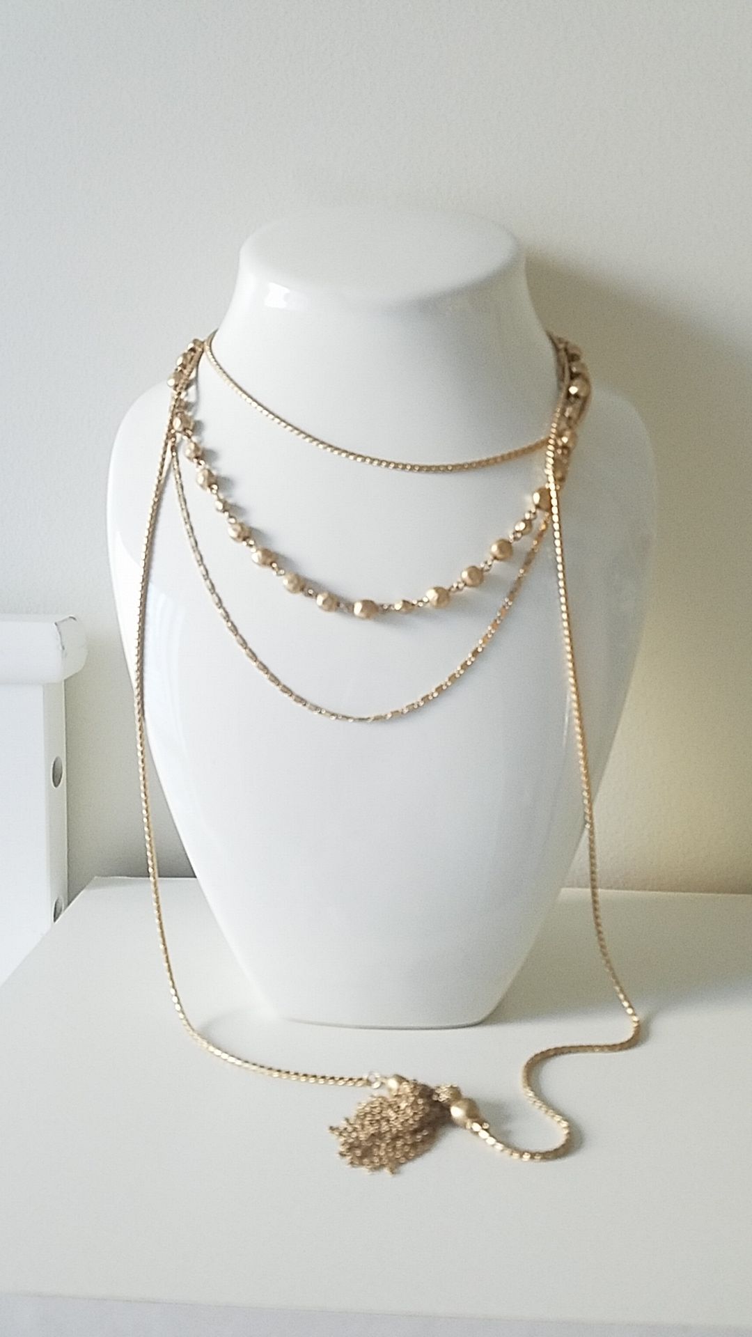 Long multi chain tassel fangled necklace from Nordstrom in matte gold