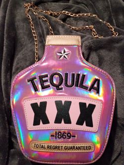 Tequila XXX 1869 Bottle Crossbody Bag. Pink Holographic. " Total Regret Guaranteed" Some Embroidered.