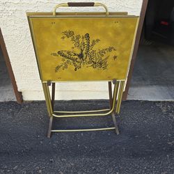 Vintage 1960s TV Trays set teak stand Tables butterfly rare Butterflies