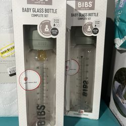2 BIBS Baby Glass Bottle Complete Set - 110ml 4 Ounces - New In Box