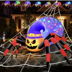 8Ft Giant Halloween Inflatables Spiders Pumpkin with Witch Hat, 7 Colors Changing Magic Lights, Halloween Decorations