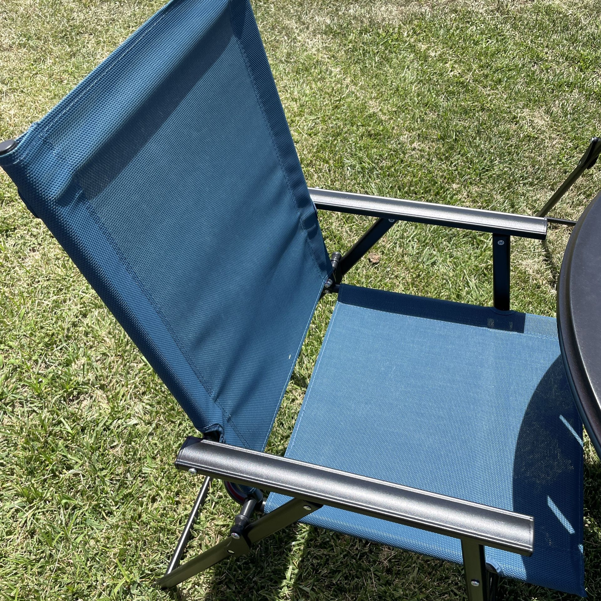 New 5pc Outdoor Patio Furniture Dining Set (4x Blue Sling Folding