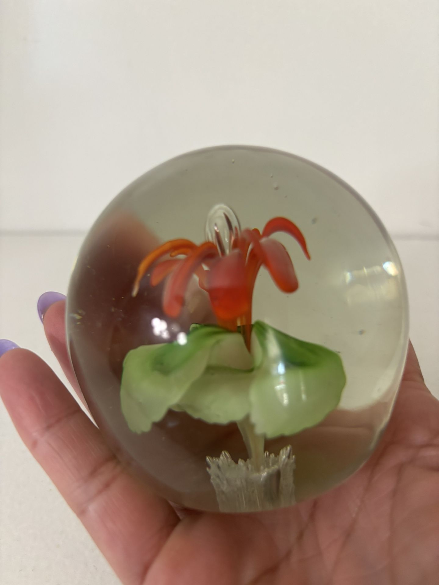 Vintage Red Flower Glass Paperweight 3 By 3 Inches