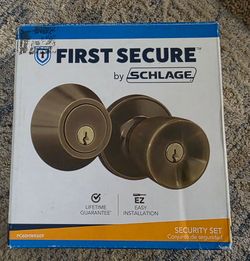 First Secure by Schlage Deadbolt and Keyed Entry Hawkins Knob in Antique Brass