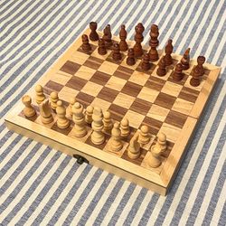 Classic 10 1/2” W Foldable Inlaid Wood Chess Set with Hand-Carved Staunton Pieces