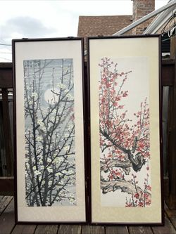 Set Of 2 Large Chinese Watercolor Painting Cherry Blossom Silk Wood Framed Wall Art 49” x 19”