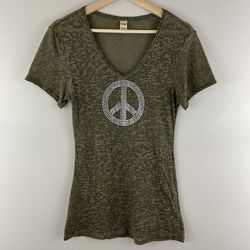 Vintage Y2K Army Green Sheer Burnout V Neck Peace Sign Rhinestone Graphic Tee