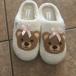 Slippers Fuzzy Teddy Bear Pink Bow Size 7/8