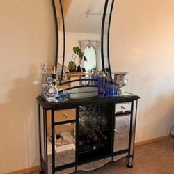 Mirrored WINE BAR CABINET & wall MIRROR 