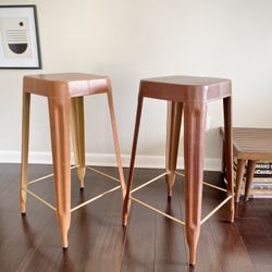 NEW Pair Set of Two Aged Leather Contrast Stitched Bar Height Stools Jamy Stools by High End Designer Made Goods