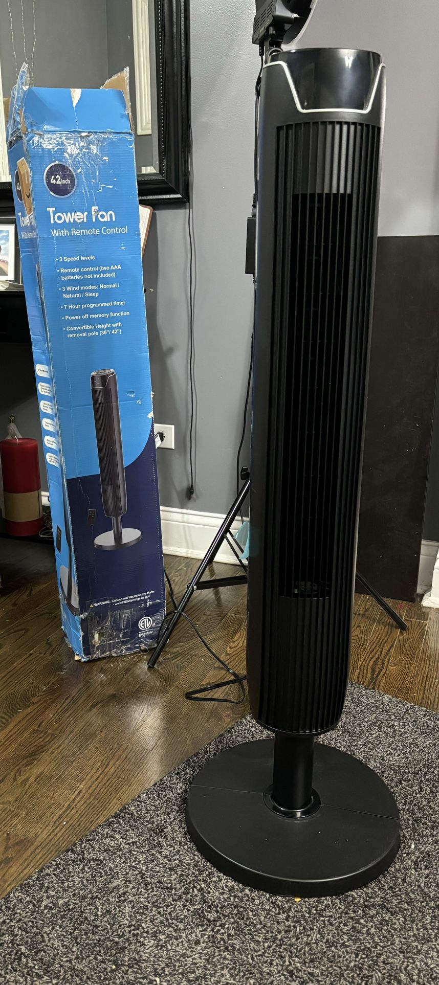 Senville 42" Oscillating Tower Fan for Bedroom, Remote, Bladeless, Quiet, 3 Modes, 7-Hour Timer, LED Display, Black