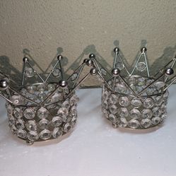 Vintage Silver Crown Candle Holder With Faux Crystal Rhinestone Bling