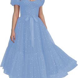 Women's Sparkle Starry Tulle Puffy Sleeve Prom Dresses