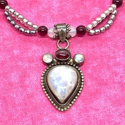 Sterling Moonstone and Garnet Necklace