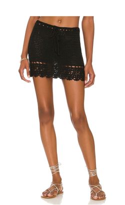 Black Crochet Drawstring Mini Skirt - XXS