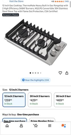 12 Inch Gas Cooktop, ThermoMate Heavy Built In Gas Rangetop with 2 High Efficiency SABAF Burners, NG/LPG Convertible 304 Stainless Steel Stove Top wit