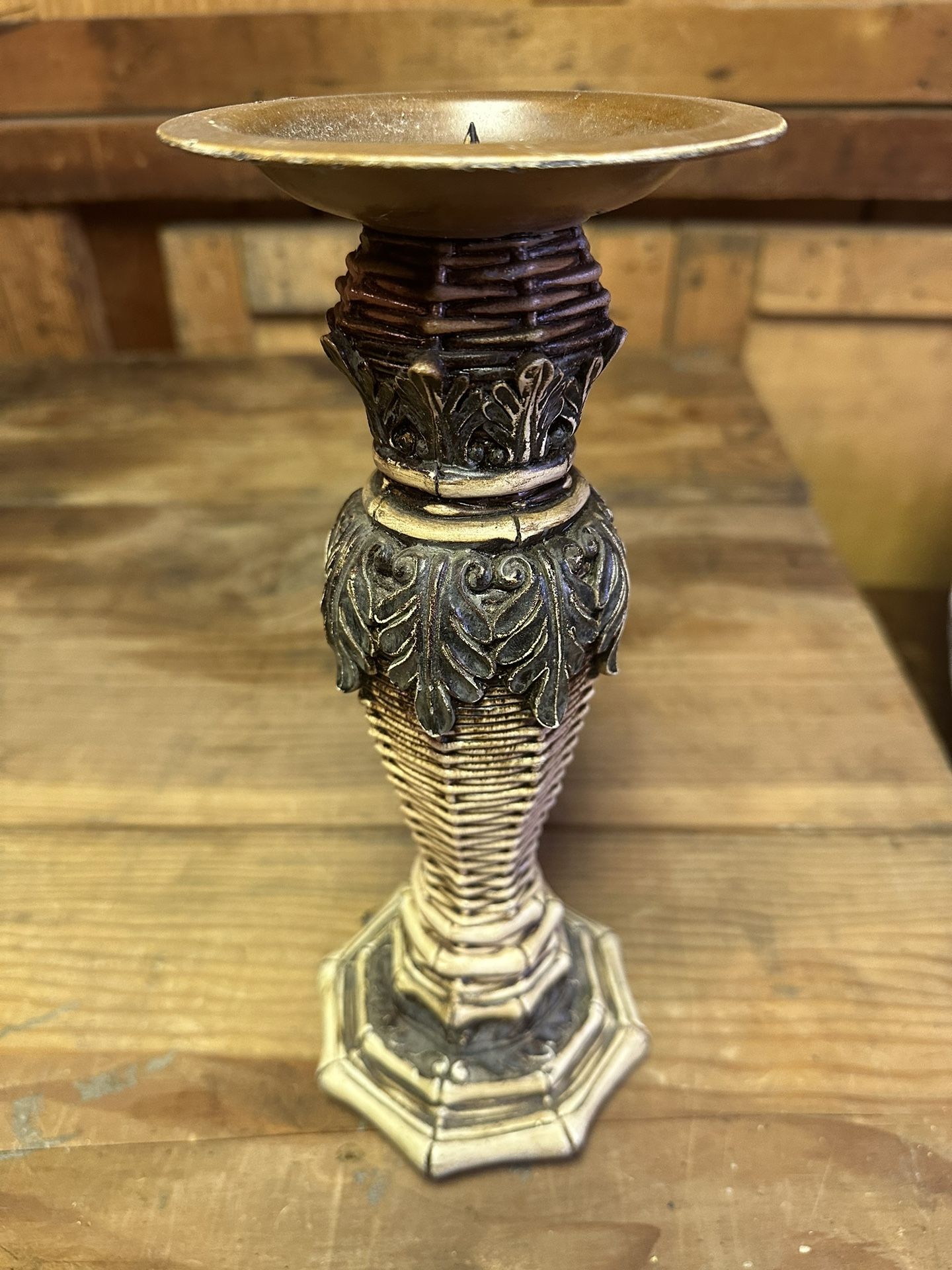 Vintage Candle Holder 11”t X 4.5” w (Woven Basket/ Bone Look) Unique Home Decor