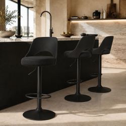 Set of 3 - Modern Black Adjustable Height Swivel Bar Chairs / Stools w/ Matte Black Metal Stem [NEW IN BOX]    