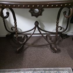 RAFFERTY SOFA TABLE – Bronze Metal Scroll Legs & Etched Top