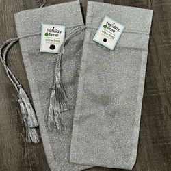New Set of 2 Silver Glittery Fabric Wine Gift Bags