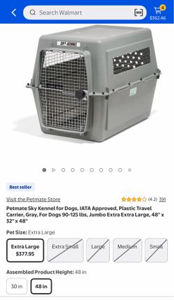 Petmate Sky Kennel for Dogs, IATA Approved, Plastic Travel Carrier, Gray, For Dogs 90-125 Ibs, Jumbo Extra Extra Large, 48"x 32"x 48"