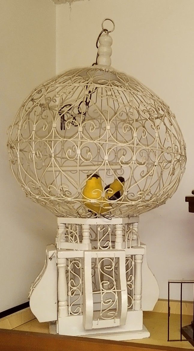Vintage Moroccan White Wood And Wire Balloon Top Bird Cage