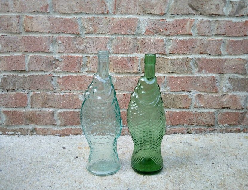 Vintage Light/Dark Green Glass Fish-Shaped Bottles