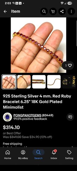 925 Sterling Silver 4 mm. Red Ruby Bracelet 6.25" 18K Gold Plated Minimolist