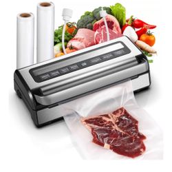 95KPa Automatic Vacuum Sealer, 9-in-1 Food Sealer for Dry/Moist/Liquid Foods, Double Heat Seal & Pump, Includes Bag Rolls & Hose, Stainless Steel