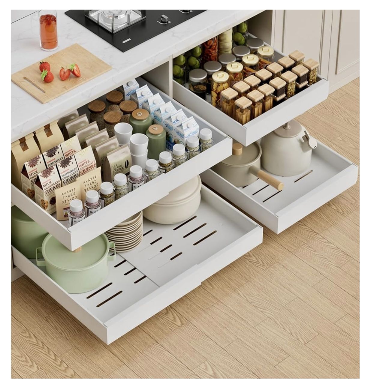 8 Pull-Out Cabinet Organizers – PAKETA Expandable Sliding Drawers (NEW, 2 Full Sets)