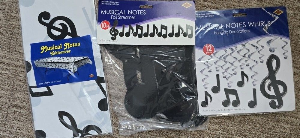 Music musical notes party supplies decorations - table cover, hanging whirls, foil streamer bundle pack