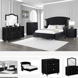 Deanna Black Upholstered Platform Bedroom Set ( Queen, king, twin, full bedroom set - bed frame- tall dresser, nightstand and chest, mattress options