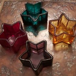 Color Glass Tealight Candle Holder- 4 Glass Star Votives 3"X 2" Inches Nice!