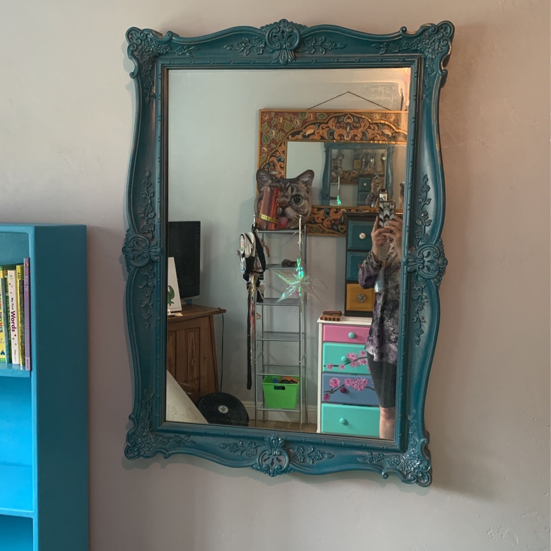 Large Vintage Mirror Paint Teal