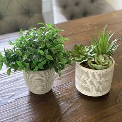 2 artificial plants in ceramic pots