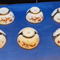 Vintage Set Of 6 Rice/soup Bowls With Chinese Dragons/ Roosters