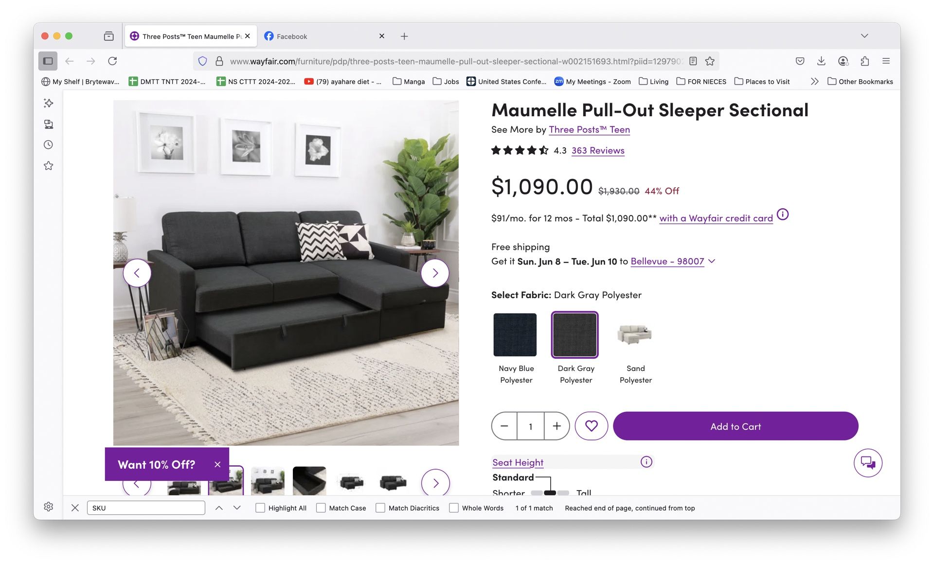 Grey Pull-Out Sleeper Sectional