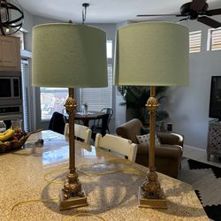 Pair Of Gold Lamps w/ Teal Shades 