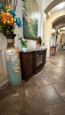 Beautiful rustic fireplace /tv stand with bluetooth speakers 60” inch long