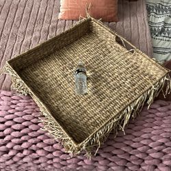 XL Boho Coastal Water Hyacinth Tray / Basket With Straw Fringe