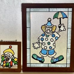 Set of 2 Vintage Suncatcher Stained Glass Wooden Frame Happy Clown.