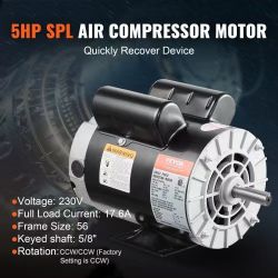 488*5HP SPL Air Compressor Electric Motor, 230V 17.6Amps, 56 Frame 3450RPM, 5/8" Keyed Shaft, 1.88" Shaft Length, CW/CCW Rotation (Factory Setting is 