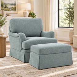 Oversized Accent Chair w/ Storage Ottoman – Smoky Blue Green