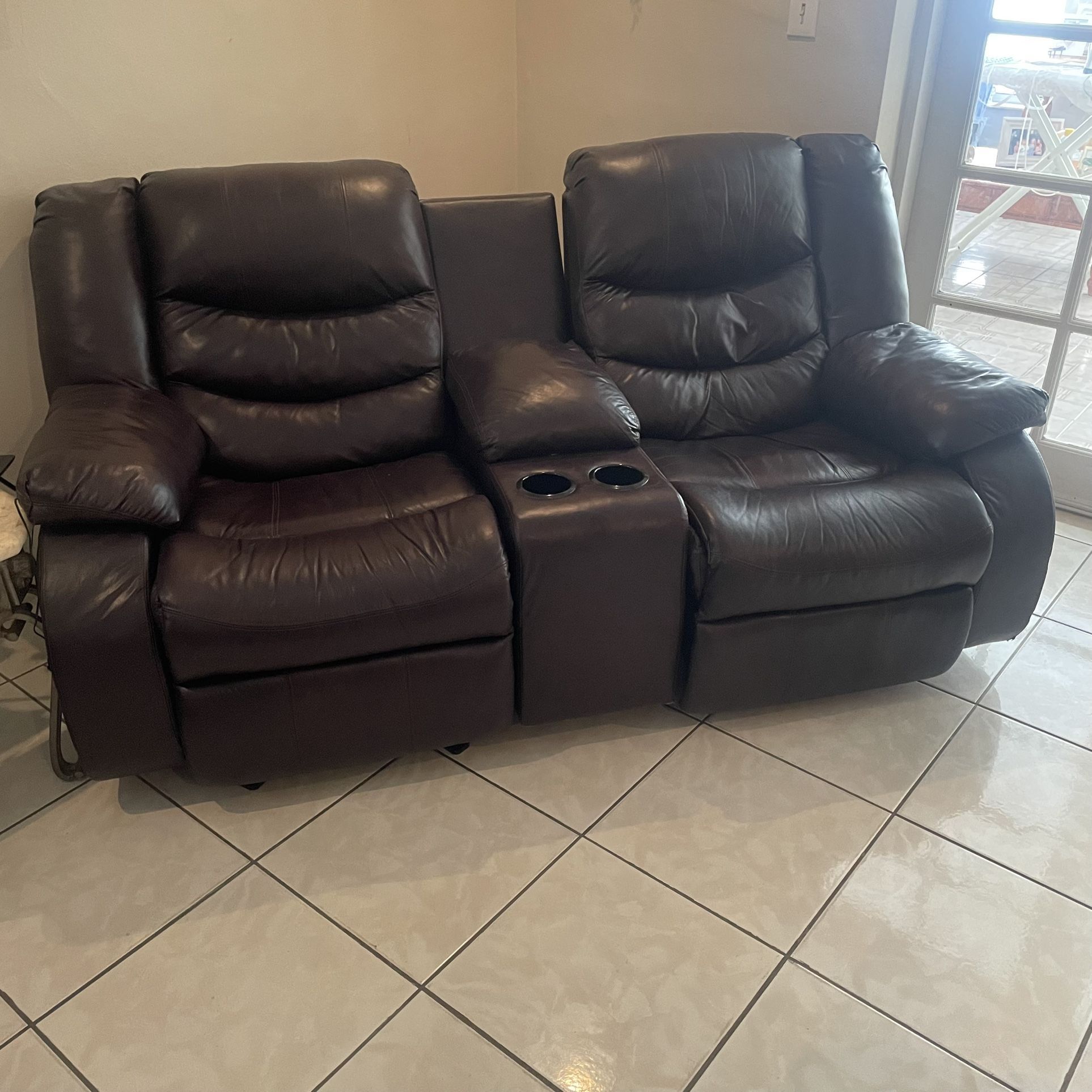 Dark Brown Sofa Recliner with Center Console Storage & Cup holders