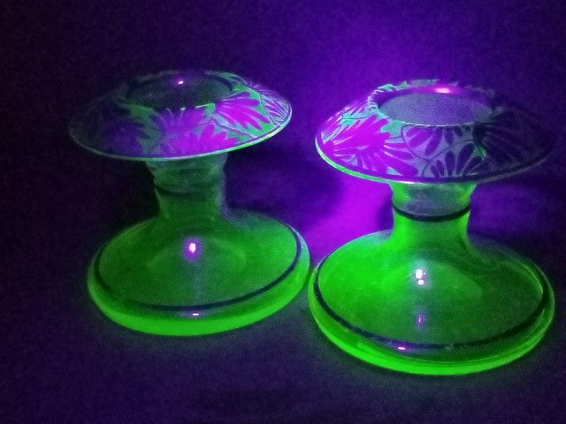 Candle Holders URANIUM Set Glass - Vintage Antique - Vaseline Glassware Yellow Green Clear Blue