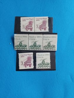 Vintage Stamps, 3 Conestoga Wagon 3c Stamps, 4 Handcar 3c Stamps.