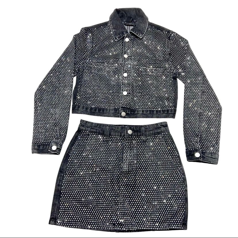Windsor Denim Jacket & Skirt 2 Piece Set Small Black Rhinestones All Over New 