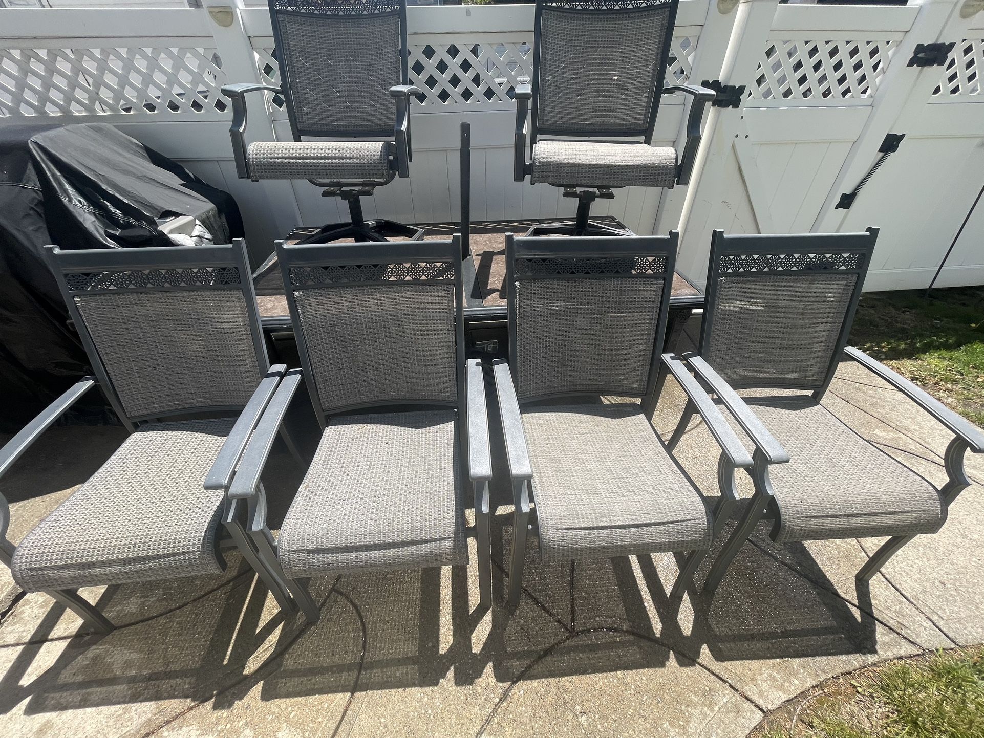 Patio Table, chairs, Umbrella Stand And Base.