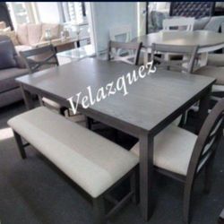 ✅️✅️6  pc grey finish wood dining table set padded seat  chairs and bench ✅️✅️