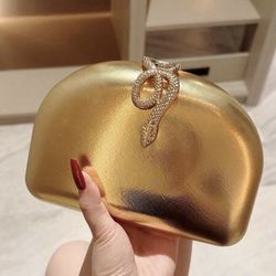 1pc High-End Design Shiny Metallic Snake Decor Party Clutch Bag. Luxurious Sparkling Vintage Gold Box Mini Handbag, Fashionable, Charming, Exquisite, 